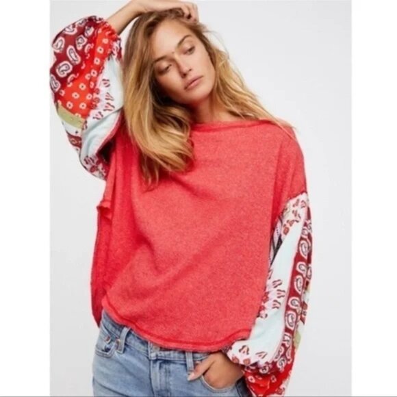 We The Free People Blossom Thermal Balloon Sleeve Oversized Pullover Top XS Boho - Picture 10 of 11
